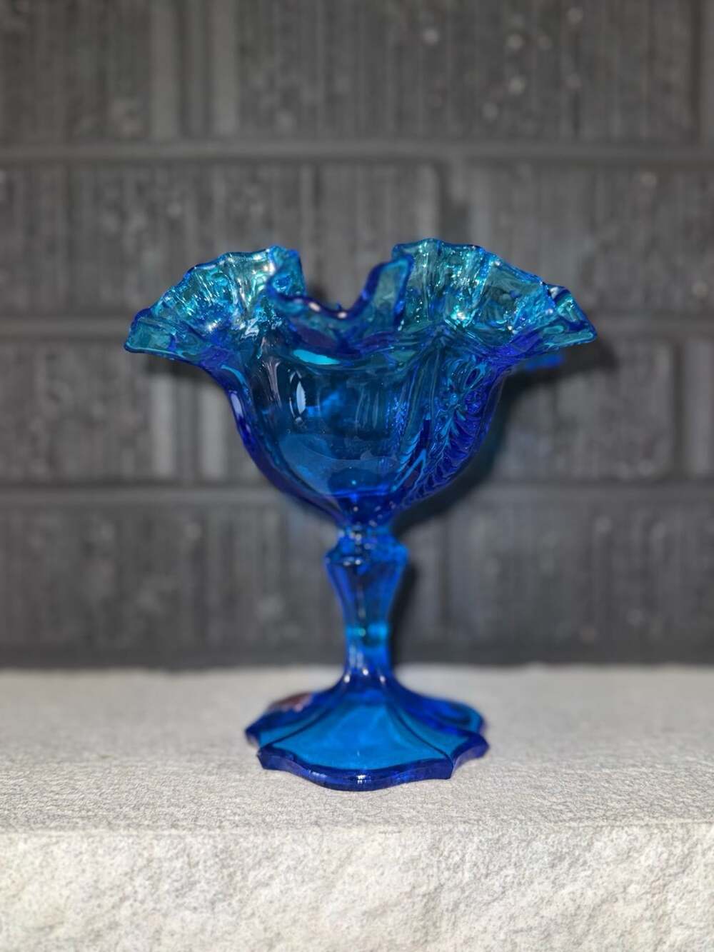 Fenton Colonial Blue Rose Pattern Footed Pedestal Compote with Ruffled Crest
